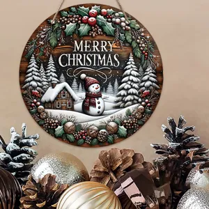 Plaque de Noël en bois avec motif de bonhomme de neige et de sapin, idéale pour la déco murale.