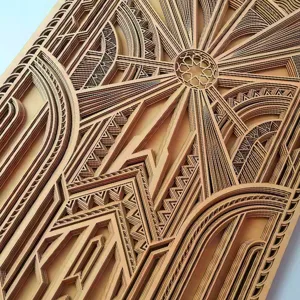 3D gelamineerde houten mandala wandkunst, luxe geometrisch gesneden interieurdecor.