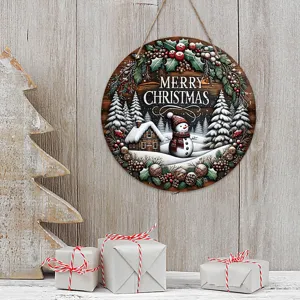 Joyeux Noël Plaque Suspendue en Bois Rond Bonhomme de Neige Couronne Rustique Enseigne pour Porte d'entrée Porche Mur Décoration Fête