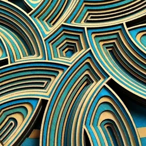 3D layered wooden wall art abstract geometric blue and gold decorative painting for modern home