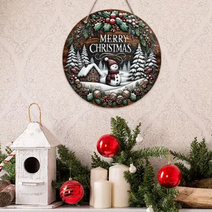 Plaque ronde en bois de Noël avec couronne de bonhomme de neige décoration murale.