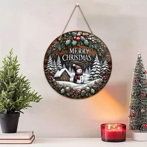 Plaque suspendue en bois de Noël bonhomme de neige couronne murale décoration fête