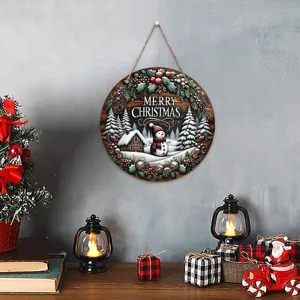 Plaque de suspension de Noël en bois rond avec bonhomme de neige et couronne pour mur de porte