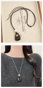 Korean style high-end wooden hollow water drop pendant necklace, vintage sweater chain jewelry.