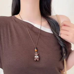 Collana con ciondolo orsetto in smalto carino donna catena maglione in pelle vintage