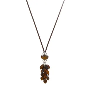 Long tiger eye stone pendant necklace with brown cord for women fashion statement jewelry