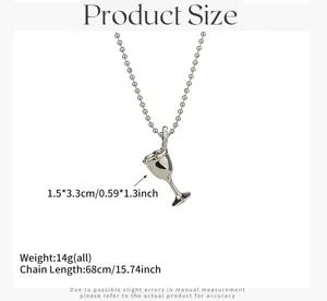 Detailed size chart showing the metal goblet pendant necklace dimensions and chain length.