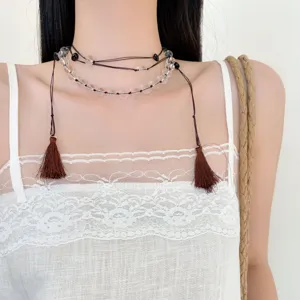 Neues chinesisches mehrschichtiges Kristallperlen-Halsband mit Quastenanhänger.