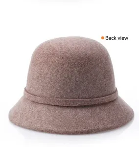 Detailed back view of a high-quality brown wool felt bucket hat for women's winter fashion