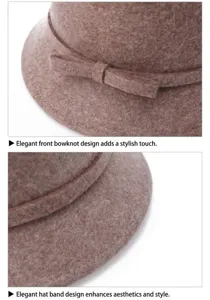 Close-up of wool felt bucket hat showing elegant bow ornament and stitched brim detail