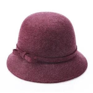 Elegant women's burgundy wool cloche hat for autumn and winter with bow detail