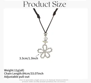 Korean style metallic silver hollow flower black cord pendant necklace chic fashion charm