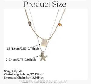Détail du collier double couche coquillage et étoile de mer avec tailles et longueurs.