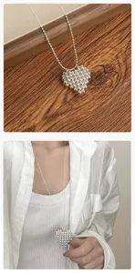 Korean silver 3D beaded heart pendant long sweater necklace for women detail view