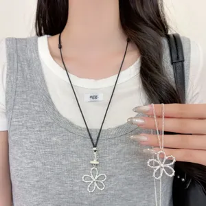 Korean Ins Style Hollow Flower Pendant Necklace For Women Silver Color Metal Flower Black Wax Cord Adjustable Clavicle Chain Jewelry
