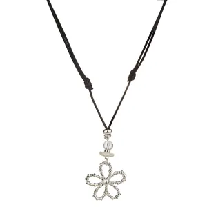 Korean style metal silver hollow flower black cord pendant necklace for women chic daily jewelry