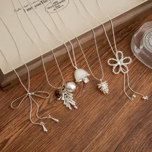 Korean style silver long necklace sweater chain with bow and pendants for women elegant accessory