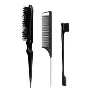 Three-piece professional black hair styling comb and brush set close-up details