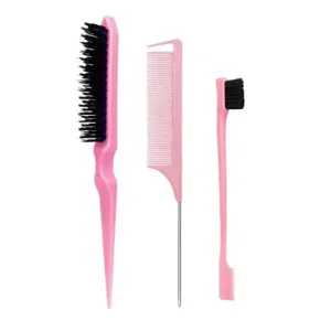 Pink hair styling comb set with teasing brush and rat tail comb