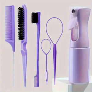 Detail view of professional purple hair styling set with combs, loop tools, and spray bottle