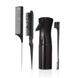 Macro view of a 4-piece professional black hair styling comb and spray bottle set