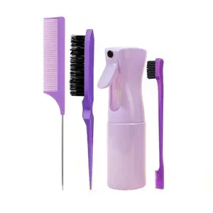 Complete purple hair styling set featuring fine tooth comb, brush, and continuous spray bottle