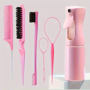 Professional 6-piece pink hair styling tool set with continuous spray bottle and combs