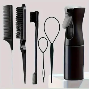 Professional 6-piece black hair styling comb set with a continuous water spray bottle