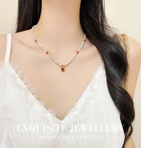 Colorful beaded clavicle necklace with a square red crystal pendant, cute summer jewelry.