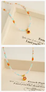 Colorful beaded dopamine necklace with square orange pendant, delicate choker for women.