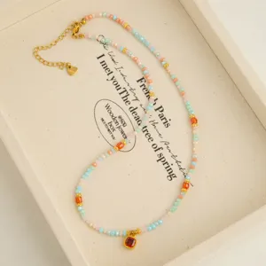 Colorful Beaded Necklace For Women Titanium Steel Zirconia Cube Pendant Dopamine Style Clavicle Chain Jewelry Gift