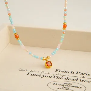 Colorful beaded necklace with orange square pendant dopamine style jewelry for women daily wear