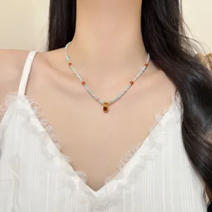 Summer dopamine colorful beaded necklace exquisite small square pendant daily choker necklace