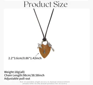 Wooden heart lock pendant necklace detail view, adjustable long chain size specs