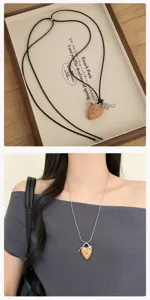 Wooden heart lock pendant necklace with key charm retro vintage sweater chain jewelry for women