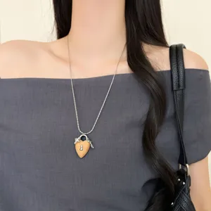 Wooden heart lock pendant necklace with silver chain vintage style fashion jewelry for women