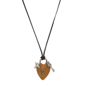 Vintage wooden heart pendant necklace with metal key and star charm on black cord for women.