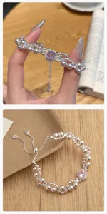 Bracelet de perles à double couche avec zircon rose et chaîne de traction réglable