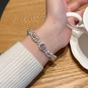 Élégant Bracelet Perles Artificielles et Zirconia Rose Motif Rose Bracelet Ajustable à Maillons Coulissants Pour Femmes Bijoux de Main Fins Cadeau Fête