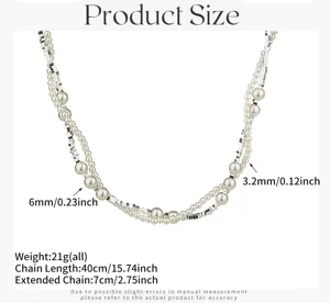 Detailed view showing necklace chain length 40cm, extension 7cm, and pearl size specs.