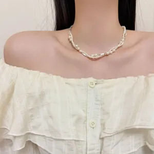 Double layer twisted pearl and silver bead clavicle necklace for women elegant jewelry.