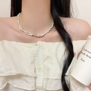 Double layer pearl silver bead choker necklace for women, elegant niche design clavicle chain.