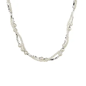 Elegant layered pearl and silver bead necklace, chic choker jewelry for women and girls.