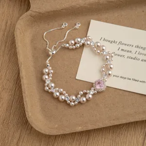 Bracelet de perles en cristal double couche élégant avec zircone rose bijou réglable chic