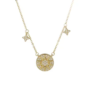 Goldene Zirkon Kompass Stern Anhänger Halskette für Damen, elegante modische Schmuckkette.