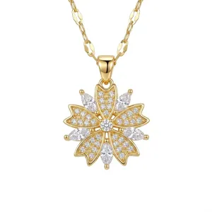Gold titanium steel snowflake zircon flower pendant necklace, elegant niche design detail.