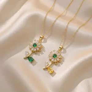 Elegant sunflower zircon pendant necklace for women, stylish titanium steel gold chain jewelry.