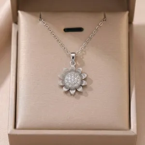 Exquisite sunflower zircon necklace detail, elegant titanium steel floral pendant jewelry for women.