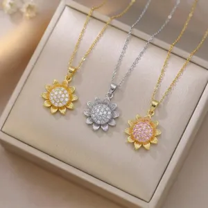 Detailed view of fashionable sunflower zircon pendant necklaces featuring elegant titanium steel chains.