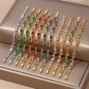 Elegant Gold Plated Copper Tulip Branch Vine Charm Bracelet Colorful Rhinestone Micro Inlaid Korean Ins Style Hand Chain Jewelry For Women Gift